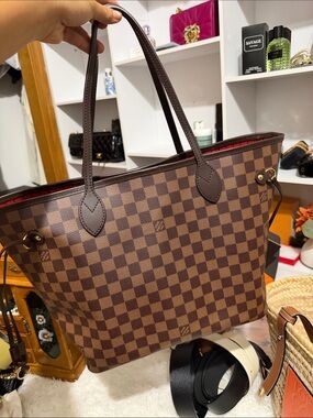 Louis Vuitton Brown Damier Ebene Tote with Red Interior